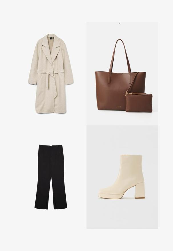 Beige Wickelmantel aus weichem Stoff, mit Kragen, langen Ärmeln, einem Gürtel in der Taille und zwei aufgesetzten Taschen auf der Vorderseite.; Weißes T-Shirt mit kurzen Ärmeln, weitem Rundhalsausschnitt und strukturiertem Rippenmuster, aus weichem Stoff, mit legerer Passform und einem klaren Design.; Schwarze Hose mit geradem Schnitt, ausgestattet mit Fronttaschen und Seitenschlitzen am Saum. Hergestellt aus weichem, glattem Stoff. Geeignet für verschiedene Anlässe.; Beige Leder-Stiefelette mit Blockabsatz und Plateau-Sohle, glatte Oberfläche und leicht quadratische Zehenpartie, nach links auf weißem Hintergrund.; Braune Handtasche aus Kunstleder mit zwei langen Griffen und einem passenden kleinen Beutel. Die Oberfläche weist ein strukturiertes Muster und goldene Hardware-Akzente auf.