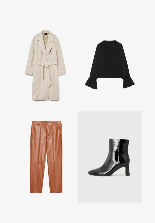 Beige Wickelmantel aus weichem Stoff, mit Kragen, langen Ärmeln, einem Gürtel in der Taille und zwei aufgesetzten Taschen auf der Vorderseite.; Schwarz langärmliges Oberteil mit ausgestellt geschnittenen Bündchen, weicher Textur und entspannter Passform, mit einem schlichten runden Halsausschnitt.; Braune Kunstlederhosen mit tailliertem Schnitt, versehen mit vorderen Falten und geraden Beinen. Glatte Textur ohne sichtbare Hardware oder Akzente.; Schwarzer Lackleder-Stiefelette mit spitzer Zehe und einem mittelhohen Blockabsatz. Glatte Textur und minimalistisches Design.