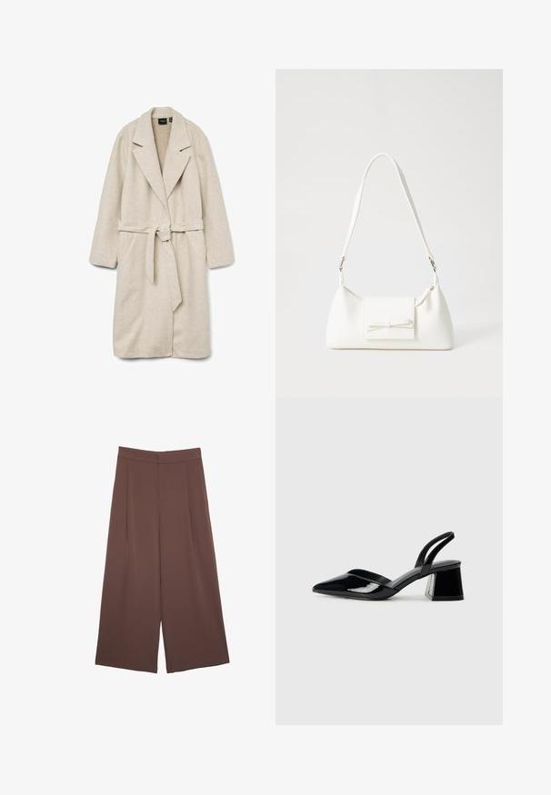 Beige wikkelcoat van zachte stof, met een kraag, lange mouwen, een riem in de taille en twee soepele voorzakken.; Korte mouwen T-shirt in bruin, gemaakt van een zachte stof, met een ronde halslijn en een relaxte pasvorm. Geen zichtbare patronen of accenten.; Bruine wijde broek met een gladde textuur, voorzien van een hoge taille en plooien aan de voorkant. De stof is lichtgewicht en valt losjes.; Zwarte gepatineerde leren slingback hakken met een spitse neus en een geometrische blokhak. Kenmerkt zich door een slank, minimalistisch ontwerp en een gladde textuur.; Witte synthetische handtas met een driehoekige vorm, platte voorklep en strikdetail, verstelbare schouderriem, gladde textuur en minimalistisch ontwerp.