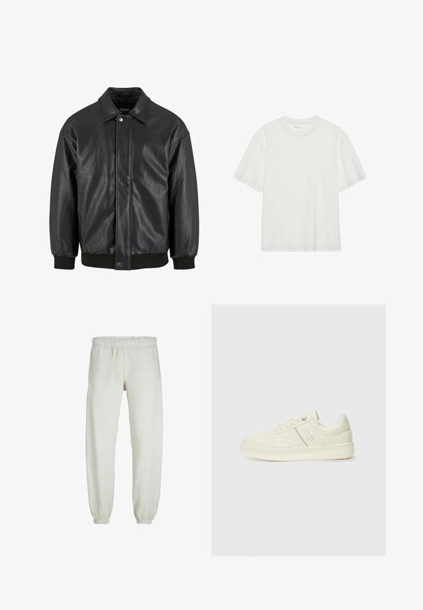 Melnas ādas jakas ar apkakles izvietojumu, priekšējo snap slēgšanu un ribotu aproču. Gluda tekstūra ar nedaudz brīvu piegriezuma dizainu.; Balts kokvilnas T-krekls ar īsām piedurknēm, noapaļota kakla izgriezums un kontrastējošs šuvums ap kakla izgriezumu un piedurknēm.; Baltas treniņbikses, izgatavotas no mīkstas auduma, ar elastīgu jostu un piedurknēm, gluda tekstūra un brīva piegriezuma dizains.; Krēmbaltie sporta apavi ar perforētu detaļām, auklām un logotipu sānos, attēloti uz vienkārša baltā fona.