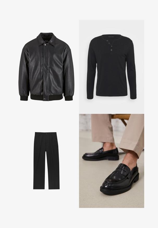 Črna usnjena jakna s ovratnikom, sprednjim zapiranjem na pritisni gumb in rebrastimi manšetami. Gladka tekstura z rahlo ohlapnim krojem.; Črna dolga majica s kratkimi rokavi henley iz mehkega blaga, ki ima gumbasto zaponko, okroglo ovratnico in oprijete rokave.; Črne hlače z ravnim krojem, narejene iz gladkega materiala. Imajo sprednje gube in enojno zaponko na pasu.; Črne usnjene loafer čevlje z gladko površino, ki imajo okrasno zaponko in kontrastno šivanje, v kombinaciji s bež hlačami.