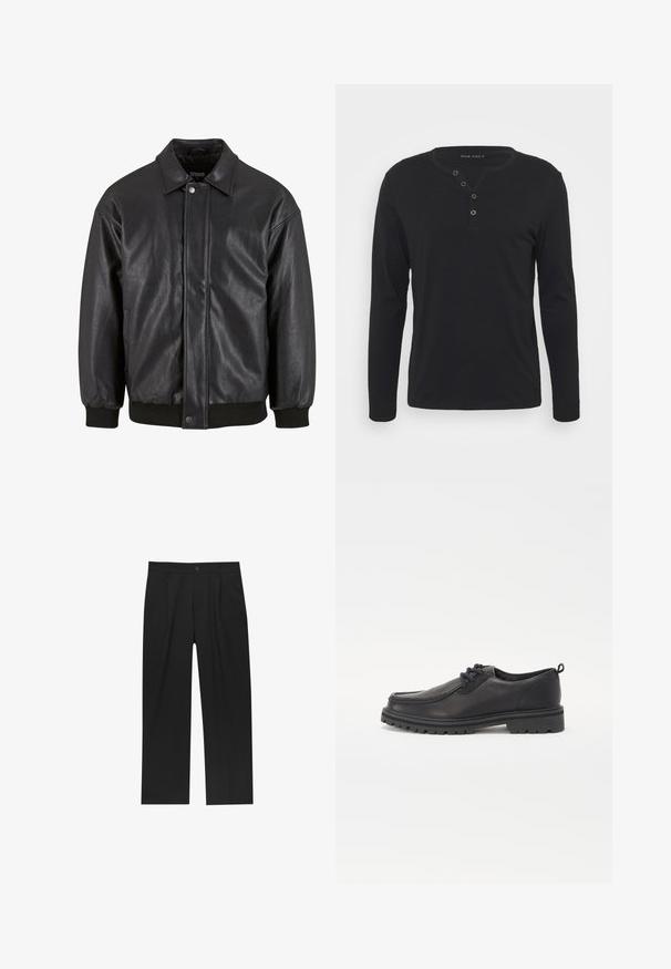 Čierna kožená bunda s golierom, predným zapínaním na cvoky a rebrovanými manžetami. Hladká textúra s mierne voľným strihom.; Čierna dlhá rukávová henley košeľa vyrobená z mäkkého materiálu, so zapínaním na gombíky, okrúhlym výstrihom a prispôsobenými rukávmi.; Čierne nohavice s rovnými nohavicami, vyrobené z hladkej tkaniny. Majú predné puky a jediné gombíkové zapínanie v páse.; Čierne kožené topánky s okrúhlym špicom, textúrovaným prešívaním, nízkym profilom a gumovou podrážkou s hlbokými drážkami pre lepšiu trakciu.
