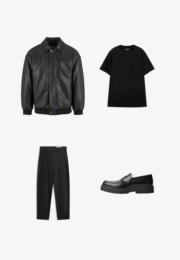 Fekete bőrkabát galléros nyakkal, elöl patenttal záródik, és bordázott mandzsettákkal rendelkezik. Simma textúra, enyhén laza fazon.; PULL&BEAR JOIN LIFE - Basic póló - black; Fekete pamut nadrág laza szabással, klasszikus derékrésszel, elülső hajtásokkal és oldalsó zsebekkel. Simább textúra minta nélkül.; Fekete bőr loaferek vastag, bordázott talppal és díszcsíkkal az upper rész felett, bal oldali profilmódban, fehér háttér előtt.