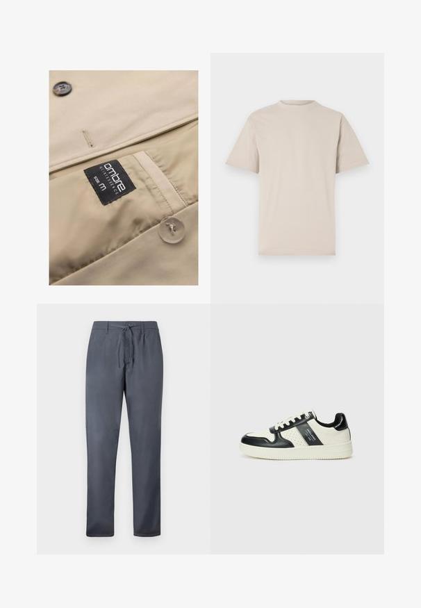 Beżowy materiał kurtki o gładkiej fakturze, z plastikowym guzikiem oraz czarną etykietą z napisem "ombre quintessence rozmiar m."; Beżowa koszulka z krótkim rękawem, okrągły dekolt, wykonana z gładkiej bawełnianej tkaniny, charakteryzująca się luźnym krojem i brakiem widocznych wzorów oraz ozdób.; Szare spodnie wykonane z gładkiego materiału, z elastycznym sznurkiem w pasie i bocznymi kieszeniami. Prosty krój nogawki z schludnym wykończeniem.; Skórzane sneakersy w czarno-kremowym schemacie kolorystycznym, z perforowanymi akcentami, wyściełanym kołnierzem i teksturowaną podeszwą.