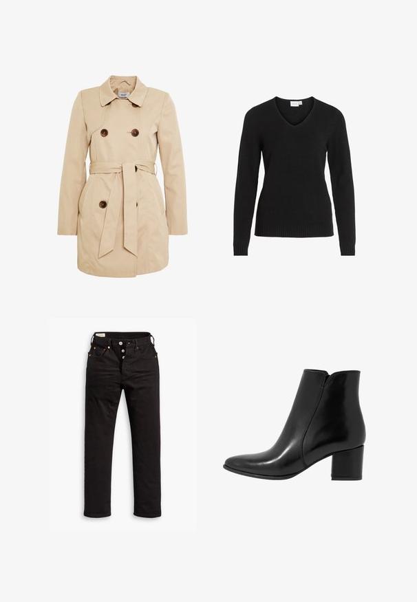 Beige trench coat made of smooth fabric with double-breasted button closure, a belt at the waist, and two side pockets.; Black V-neck sweater made of soft fabric, featuring long sleeves, ribbed hem and cuffs, with a simple and classic design.; Black straight-leg jeans with button fly, front and back pockets, and copper rivet details on a white background.; Anna Field LEATHER - Classic ankle boots - black