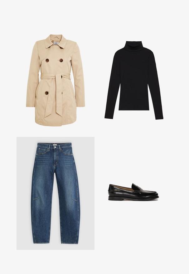Beige takki, joka on valmistettu sileästä kankaasta, kaksirivinen napitus, vyö vyötäröllä ja kaksi sivutaskua.; Musta poolalla pitkähihaisen pusero, joka on valmistettu ribbikankaasta, tarjoaa muotoilevan leikkauksen, jossa on korkea kaula-aukko eikä kuvioita tai koristeita.; Tummansiniset denim-farkut suora lahkeinen muotoilulla, joissa on etutaskut, kontrastivärinen ompelu ja hienovarainen haalistunut rakenne lahkeissa.; Musta nahkainen loaferi, jossa on pyöreä kärki, helposti puettavan suunnittelun ja hienovaraiset ompeluyksityiskohdat yläosassa. Litttu kumipohja.