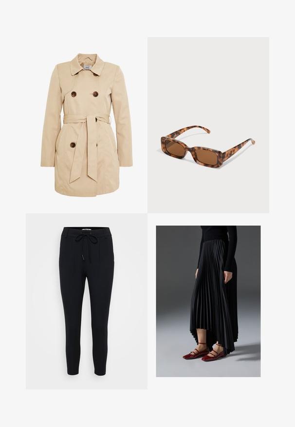 Beež trencher, mis on valmistatud siledast kangast, kahe rinnaga nööbiga kinnitamisega, vööga taljel ja kahe küljetaskuga.; Even&Odd Petite 3 PACK - Pikkade varrukatega topp - black/white/light green; Mustad, venitatud mustad püksid, mis on valmistatud venivast kangast, millel on nööriga vöökoht, kaks esist pleeti ja sile tekstuur.; Mustmust seelik kõrgema ees- ja madalama taga servaga, kombineeritud läikivate punaste sussidega, millel on rihma kujundus. Kangas on sileda tekstuuriga.; Kilpkonna kestaga prillid, millel on ristkülikukujulised pruuni värvi objektiivid, paks raam ja peened käed, millel on erinevate pruunide toonide muster.