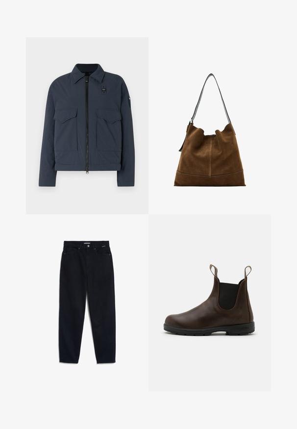 Navy blue jacket made of textured fabric, featuring a zipper closure, two front pockets, and a stand-up collar with a logo accent.; Navy blue turtleneck sweater with ribbed texture, wide sleeves, and a relaxed fit. Soft material and minimalistic design.; Black denim jeans with a straight leg, five-pocket design, and a button closure. Fabric has a smooth texture and minimal visible stitching.; Brown leather ankle boot with elastic side panels, pull tabs, and textured rubber sole. Features a sleek, rounded toe design.; Brown suede bucket bag with a black leather strap, featuring a soft silhouette and seam detailing at the base.