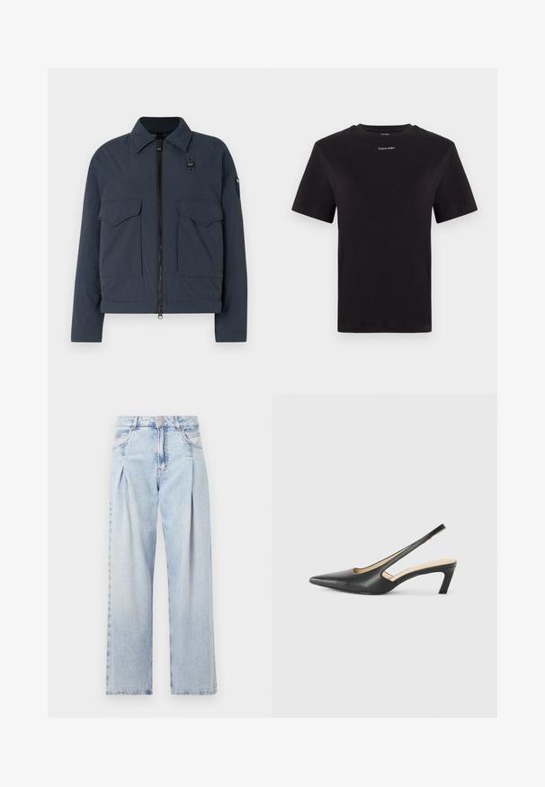 Tummansininen takki, joka on valmistettu tekstuurilla varustetusta kankaasta. Siinä on vetoketjusulku, kaksi etutaskua ja pystykaulus, jossa on logoväri.; Musta puuvillapaita lyhyillä hihoilla, pyöreä pääntie ja pieni valkoinen "Calvin Klein" -logo rinnassa. Silkkinen pinta, klassinen istuvuus.; Vaaleansiniset farkut, joissa on korkea vyötärö, leveälahkeinen leikkaus, kaksi sivutaskua ja pleatattu muotoilu. Pehmeä rakenne, jossa on haalistunut viimeistely.; Musta, kärjeltään terävä slingback-kengä, jossa on matala korko. Kengässä on sileä nahkamateriaali ja sivuilla leikkaukset hengittävyyttä varten.