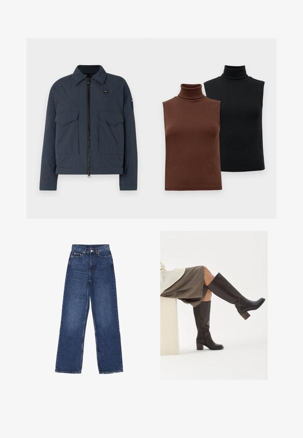 Granatowa kurtka z teksturowanej tkaniny, z zapięciem na zamek, dwiema przednimi kieszeniami oraz kołnierzem stojącym z akcentem w postaci logo.; Dwie bezrękawnikowe, prążkowane bluzki z golfem w kolorze brązowym i czarnym, prezentowane na jednolitym białym tle.; Szerokie niebieskie dżinsy z wysokim stanem, z zapięciem na guzik, pięcioma kieszeniami i delikatnym przetarciem na materiale.; Brązowe skórzane kozaki do kolan z kwadratowym czubkiem, grubym obcasem i bocznym zamkiem błyskawicznym. Gładka faktura z polerowanym wykończeniem.