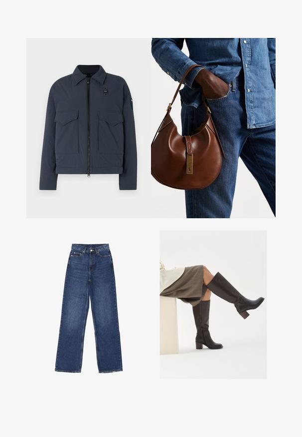 Navy blue jacket made of textured fabric, featuring a zipper closure, two front pockets, and a stand-up collar with a logo accent.; Two sleeveless ribbed turtleneck tops in brown and black, displayed on a plain white background.; Wide-leg blue denim jeans with a high waist, featuring a button closure, five pockets, and subtle fading on the fabric.; Brown leather knee-high boots with a square toe, chunky heel, and side zipper. Smooth texture with a polished finish.; Brown leather hobo bag with a rounded shape, featuring a gold hardware accent and contrast stitching. Paired with a denim shirt and jeans.