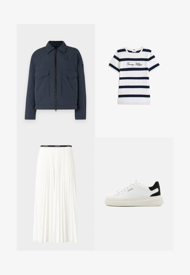 Marineblauwe jas van textuurstof, met een ritssluiting, twee voorzakken en een opstaande kraag met een logo-accent.; Katoenen T-shirt met horizontale marineblauwe strepen op een witte achtergrond. "Tommy Hilfiger" geborduurd in cursieve letters op de borst. Ronde hals.; Plisséminirok in het wit met een zwarte elastische tailleband met het "LACOSTE"-logo. Middellange ontwerp met een zachte textuur.; Witte leren sneakers met een dikke witte zool, zwarte suède hielaccent en een geperst logo op de zijkant. Vetersluiting met zes oogjes.