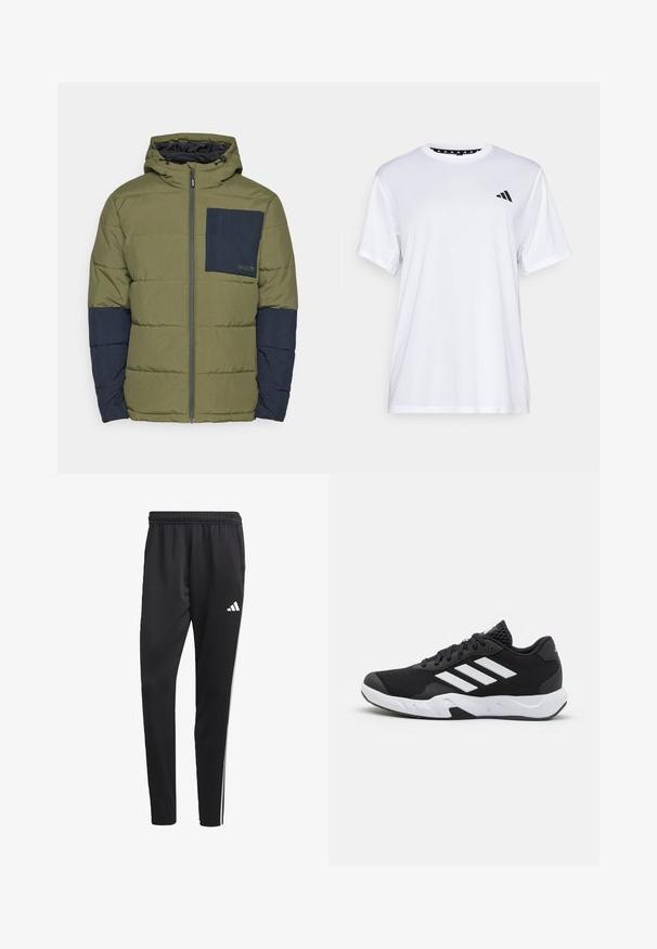 Oakley TAHOE JACKET - Winter jacket - new dark brush; White athletic t-shirt with short sleeves, made from moisture-wicking fabric. Features a black logo on the left chest and a patterned interior neckline.; Black athletic pants with a stretchy waistband, white side stripes, and a small white logo on the thigh. Made from a smooth, lightweight material.; Black athletic shoes with a textured mesh upper, white accent stripes, a cushioned sole, and a reinforced heel for support.