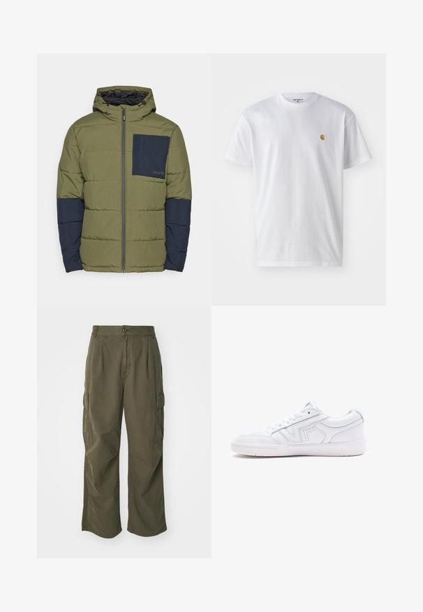 Oakley TAHOE JACKET - Žieminė striukė - new dark brush; Balta medvilnės marškinėliai su trumpomis rankovėmis, apvalia iškirpte, kuriuose kairėje krūtinės pusėje yra mažas auksinis logotipas. Minkšta tekstūra ir reguliari forma.; Olive žalių spalvos krovinių kelnės, pagamintos iš medvilnės, su plačiomis kojomis, raukšlėmis ir šoninėmis kišenėmis praktiškumui.; Baltos odinės sportinės bateliai su žemu dizainu, apvaliu toe, perforuotais detalėmis ir kalta apačia. Įtrauktos raišteliai ir subtilūs siuvinėjimo akcentai.