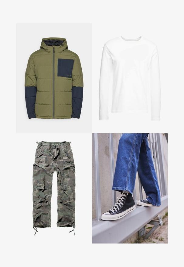 Oakley TAHOE JACKET - Vinterjakker - new dark brush; Langærmet hvid t-shirt lavet af blød bomuld. Rund halsudskæring med lige skårne kanter og ingen synlige mønstre eller grafikker.; Camo cargo bukser i grøn og grå, med flere lommer, elastisk talje, justerbare ankelmanchetter og en afslappet pasform.; Sorte høj-top sneakers med hvid sål og snørebånd, parret med løse blå denimjeans, hvilende på et gråt gelænder.