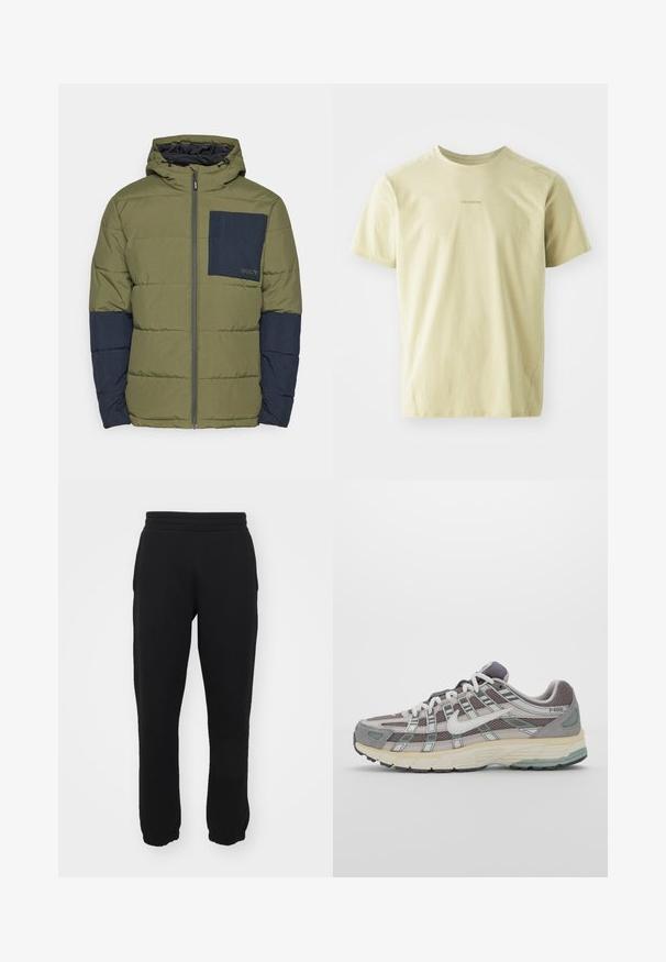 Oakley TAHOE JACKET - Vinterjakker - new dark brush; Salomon TRACKLINE TEE - Sports T-shirts - gray green; Sorte svedbukser lavet af en bomuldsblanding, med elastisk talje, tapered ben og ribbede manchetter ved anklerne. Enkel design, uden mønstre.; Grå sportssko med overdel i mesh og ruskind, hvide accenter, en polstret sål og et særpræget design med reflekterende elementer.