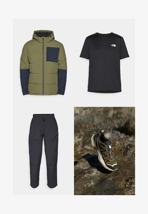 Oakley TAHOE JACKET - Vinterjakker - new dark brush; Sort t-shirt med korte ærmer lavet af letvægtsstof. Har et lille hvidt logo på venstre bryst og diskrete skuldrelementer.; Sorte cargo bukser lavet af et let, vandafvisende materiale; har elastisk talje, flere lynlåslommer og tætsiddende ben.; Vandrestøvle i olivengrøn og sort med pink accenter. Har en tekstureret overdel, fleksibel sål, forstærket tåhætte og farverigt snøresystem.