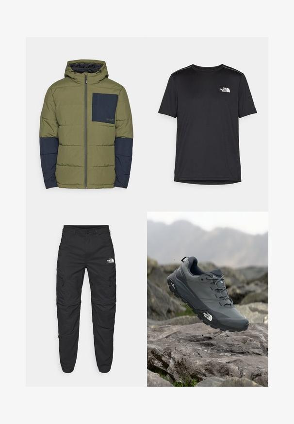 Oakley TAHOE JACKET - Zimní bunda - new dark brush; Černé tričko s krátkým rukávem vyrobené z lehkého materiálu. Má malé bílé logo na levé části hrudi a decentní akcenty na ramenech.; The North Face EXPLORATION TAPERED CONVERTIBLE - Outdoorové kalhoty - black; Šedá trailová běžecká bota s texturovaným svrškem, odolnou gumovou podrážkou a vyztuženou špičkou. Obsahuje tkaničky a logo značky na straně.