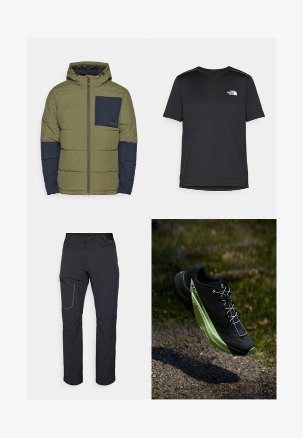 Oakley TAHOE JACKET - Winter jacket - new dark brush; Black short-sleeve T-shirt made from lightweight fabric. Features a small white logo on the left chest and subtle shoulder accents.; Black outdoor pants featuring a zippered thigh pocket, elastic waistband, and smooth, water-resistant fabric. Clean design with no visible logos.; Black running shoe with a textured surface and green accents. Features a lightweight design and a unique, patterned sole for traction.