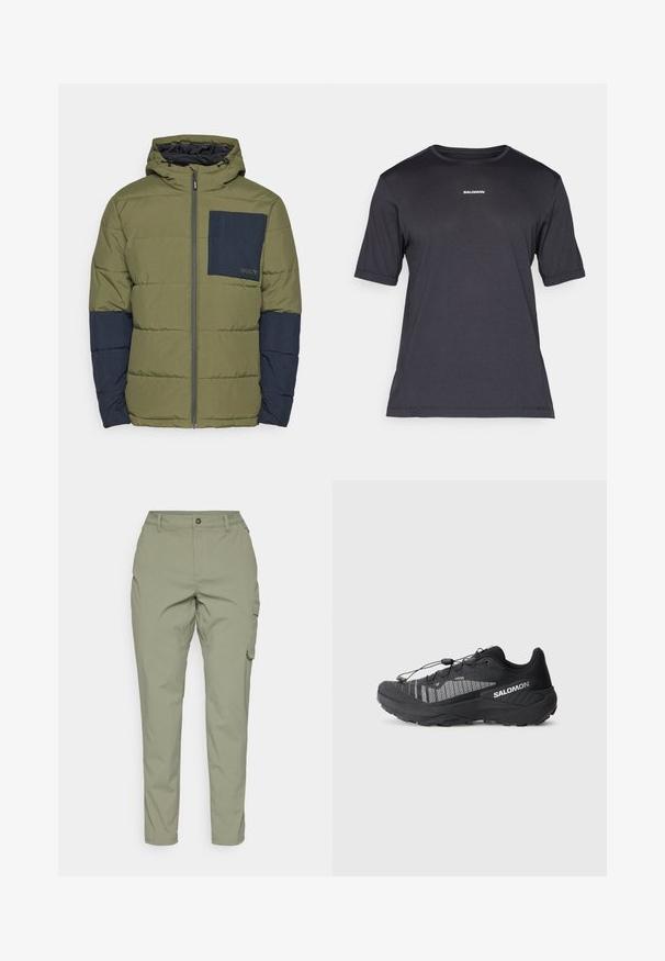 Oakley TAHOE JACKET - Vinterjakke - new dark brush; Svart kortermet prestasjons-T-skjorte laget av pustende materiale, med rund hals og liten hvit "SALOMON" logo på brystet.; Lys olivengrøn cargo bukser med rett ben design, front knaplukning og sidelommer for funksjonalitet. Glatt, slitesterkt stoff.; Svart terrengløpesko med teksturert mesh-overdel, reflekterende detaljer, polstret såle og elastisk snøresystem. Logo på siden.