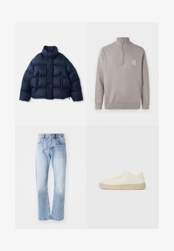 Navy blue puffer jacket with high collar, front snap buttons, horizontal quilting, and two front pockets, displayed on white background.; Light gray quarter-zip pullover made of soft material, featuring a small white logo on the chest and elasticated cuffs and hem.; Light blue denim jeans with a straight-leg cut. Features a five-pocket design, button fly, and faded texture towards the bottom.; White canvas sneakers with a textured rubber sole, featuring a stitched toe cap and logo accent on the heel. Simple lace-up design.