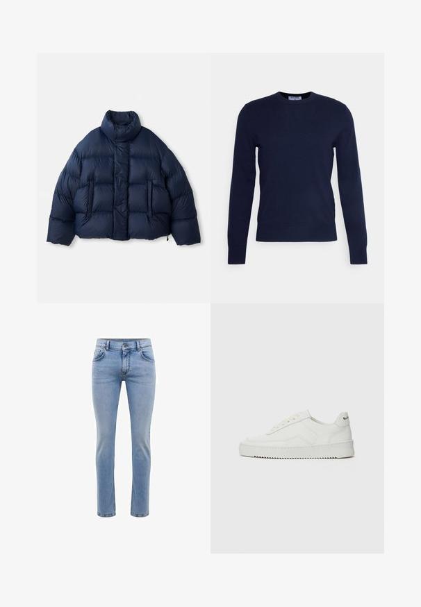 Donkerblauwe gewatteerde jas met hoge kraag, drukknopen aan de voorkant, horizontale stiksels en twee voorzakken, weergegeven op een witte achtergrond.; Marineblauwe ronde hals trui van zachte stof, met lange mouwen en een geribbelde zoom. Geen zichtbare patronen of versieringen.; Lichtblauwe denim jeans met een slim fit, vijf zakken en een rechte pijp. Voorzien van een rits en riemlussen. Zachte textuur.; Witte leren sneaker met een gladde afwerking, ronde neus, platte veters en een gestructureerde zool. Kenmerkt zich door een subtiel logo op de hiel.