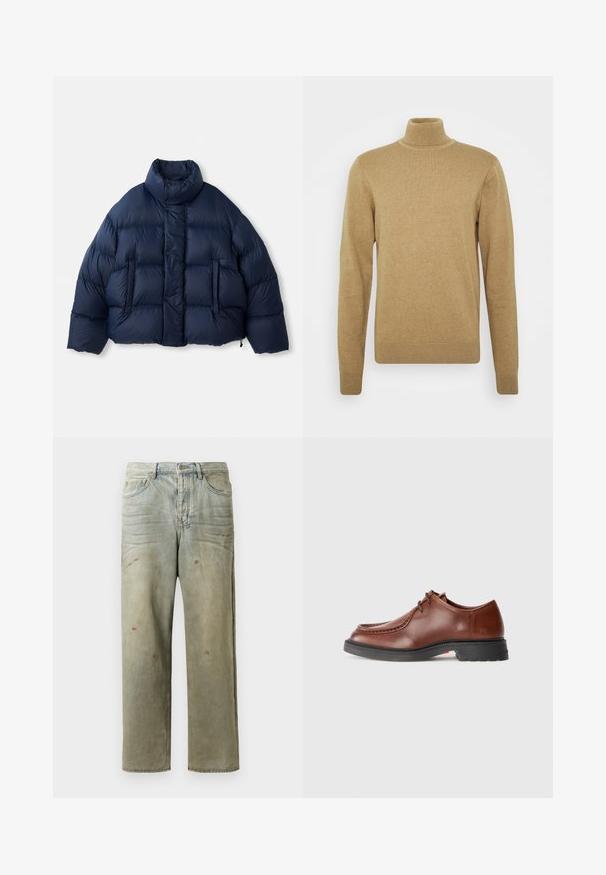 Navy blue puffer jacket with high collar, front snap buttons, horizontal quilting, and two front pockets, displayed on white background.; Beige turtleneck sweater made of soft knit fabric. Features long sleeves and a fitted design. Ribbed hem and collar accents.; Distressed denim jeans in light green, featuring a straight leg, five-pocket design, and uneven fading with paint splatters.; Brown leather dress shoe with a rounded toe, contrasting stitching, lace-up design, and a textured black rubber sole.