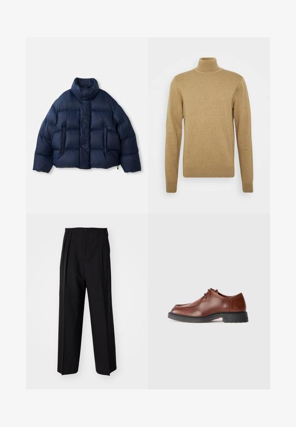Marineblauer Puffermantel mit hohem Kragen, vorderen Druckknöpfen, horizontaler Steppung und zwei vorderen Taschen, auf weißem Hintergrund präsentiert.; Beiger Rollkragenpullover aus weichem Strickstoff. Mit langen Ärmeln und taillierter Passform. Gerippter Saum und Kragenakzente.; Schwarze, plissierte Hose mit geradem, weitem Bein. Hergestellt aus glattem Stoff, mit Knopfverschluss und Gürtelschlaufen.; Braune Lederdressschuhe mit abgerundetem Zehenbereich, kontrastierendem Stich, Schnürdesign und einer strukturierten schwarzen Gummisohle.