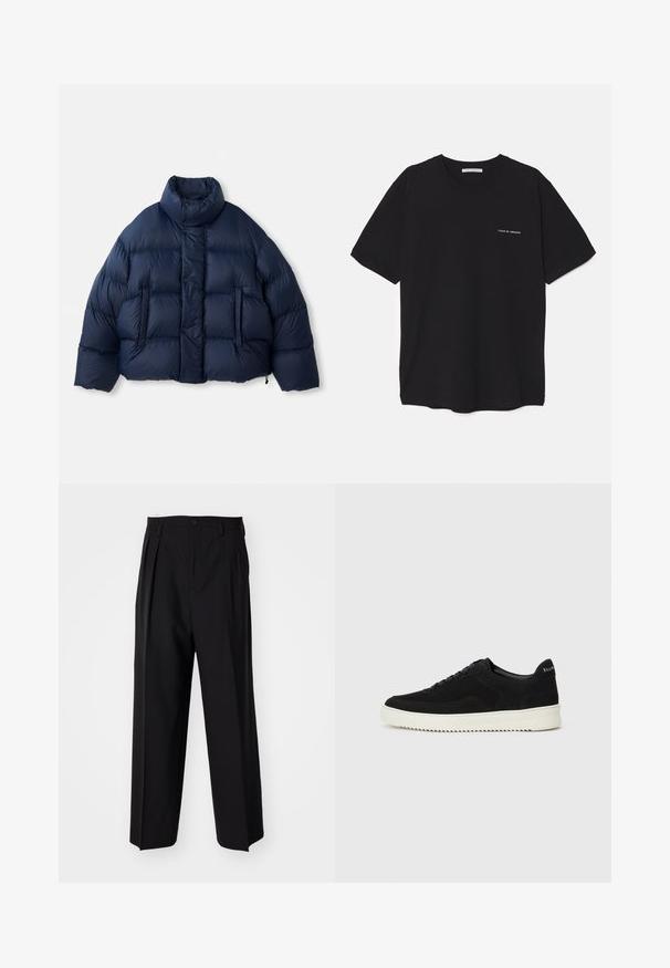 Mørkeblå pufferjakke med høj krave, frontknapper, horisontal quiltning og to forlommer, præsenteret på hvid baggrund.; Sort bomulds T-shirt med rund hals, korte ærmer og en hvid logo print på venstre bryst. Simpelt, ensfarvet design.; Sorte plisserede bukser med et lige, bred ben-design. Fremstillet af glat stof, med en knaplukning og bæltesløjfer.; Sort ruskinds sneaker med snørebånd og kontrasterende hvid gummisål. Har teksturerede sidepaneler og diskret branding på hælen.