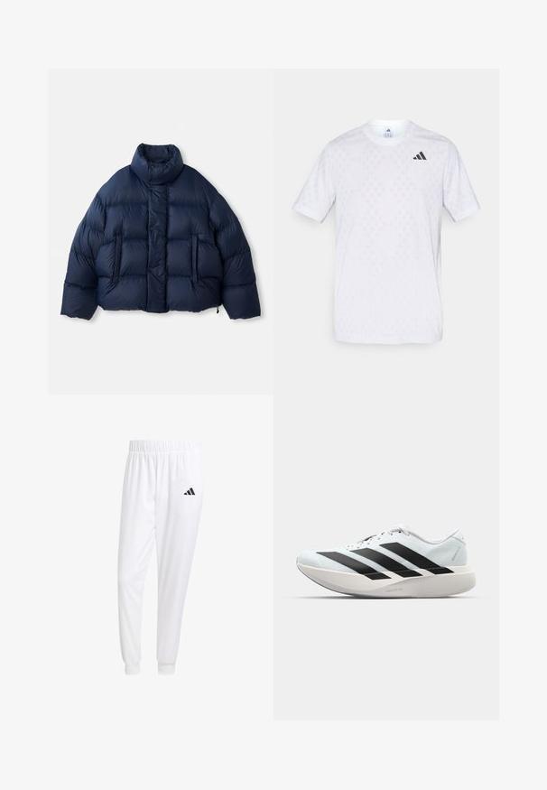 Tumesinine puhvjakotiga, millel on kõrge krae, eesne nupud, horisontaalne tikand ja kaks esist pocketit, esitatud valgel taustal.; Valge lühikeste varrukatega T-särk, millel on peen teemantmuster, valmistatud kerge kangaga, musta adidasi logoga rinnal.; Valged sportpüksid, mis on valmistatud siledast kangast, omavad elastset vöökohta ja kitsaid mansette, tagakoti peal on must logo.; Kerged jooksujalatsid helesinises värvuses mustade triipudega. Omavad siledat pealispinda, ümarat varvase osa ja paksu valget vahemõõtu, millel on silt "LIGHTSTRIKE PRO".