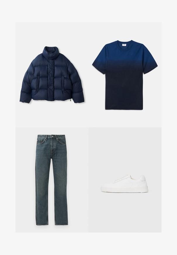 Giacca imbottita blu navy con colletto alto, bottoni a scatto frontali, imbottitura orizzontale e due tasche anteriori, esposta su sfondo bianco.; T-shirt in cotone blu navy con colletto rotondo, maniche corte e un design a gradiente sottile che passa da tonalità più chiare a tonalità più scure.; Jeans in denim blu scuro con design a gamba dritta, dotati di cinque tasche, chiusura a bottone e dettagli di cucitura a contrasto.; Sneaker bianco con tomaia in pelle liscia, punta rotonda, lacci, accenti laterali testurizzati e suola in gomma spessa. Design minimalista.