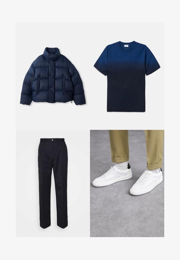 Marineblauer Puffermantel mit hohem Kragen, vorderen Druckknöpfen, horizontaler Steppung und zwei vorderen Taschen, auf weißem Hintergrund präsentiert.; Dunkelblaues Baumwoll-T-Shirt mit Rundhalsausschnitt, kurzen Ärmeln und einem subtilen Verlaufsmuster, das von helleren zu dunkleren Farbtönen übergeht.; Schwarze, maßgeschneiderte Hose mit geradem Bein, aus glattem Stoff, mit einem vorderen Knopfverschluss und zwei seitlichen Taschen.; Weiße Sneakers mit einer strukturierten Lederoberfläche, abgerundeter Zehenpartie und schwarzem Fersenakzent. Gummisohle mit kleinem Profilmuster und genähten Details.