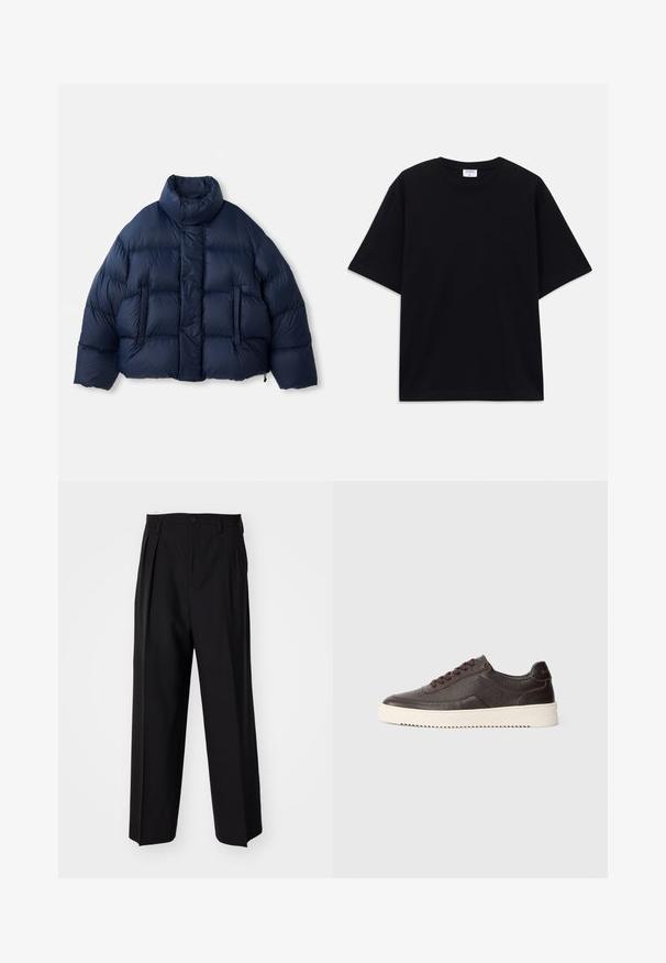 Doudoune bleu marine avec col montant, boutons-pression à l'avant, matelassage horizontal et deux poches avant, présentée sur fond blanc.; T-shirt noir à manches courtes oversize avec un col rond et une étiquette de marque Filippa K visible à l'intérieur du col.; Pantalons plissés noirs avec un design droit et large. Fabriqués en tissu lisse, avec une fermeture à bouton et des passants de ceinture.; Baskets en cuir marron foncé avec une finition texturée, bout rond et semelle en caoutchouc crème contrastée. Présente des lacets et des détails de couture subtils.