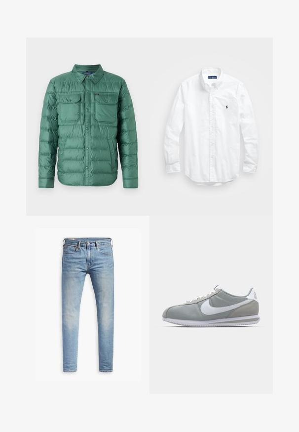 Geacă puf verde cu închidere butonată, două buzunare pe piept și buzunare laterale. Are un design matlasat și un guler deschis.; Cămașă albă cu mânecă lungă și nasturi din bumbac. Are un guler clasic, manșete cu nasturi și un mic logo brodat în navy pe piept.; Jeans slim-fit de culoare albastru deschis, cu un ușor efect de decolorare pe coapse, închidere frontală cu nasture, bucle pentru Curea și stil de cinci buzunare, pe un fundal alb.; Pantofii sport gri au un superior din suede și textil, cu simbolul Nike alb și șireturi albe. Dispun de o talpă din cauciuc texturat și un guler căptușit.