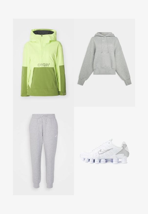 Lys neongrön och olivgrön hybridjacka med huva, frampocket och en Oakley-logotyp över bröstet. Slät textur.; Grå kortärmad hoodie i mjukt tyg. Har en justerbar dragsko i huooden, vida ärmar och en liten logotyp på framsidan.; Ljust grå sweatpants med dragsko i midjan, smalnande ben och en liten vit logotyp på vänster lår. Tillverkade av ett mjukt, strukturerat tyg.; Vita sportskor med nätöverdel, silverdetaljer och en unik spiral såldesign. Har vadderad krage och snörning för passform.