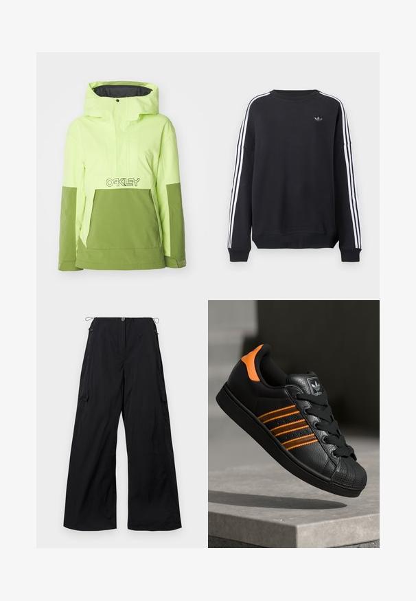 Světlá neonově zelená a olivově zelená hybridní bunda, která má kapuci, přední kapsu a logo Oakley na hrudi. Hladký povrch.; Černá mikina s dlouhými rukávy, bílými pruhy po celé délce každého rukávu a malým šedým logem na hrudi. Vyrobená z bavlněného materiálu, volný střih.; Široké černé kalhoty vyrobené z lehkého materiálu, s předním zapínáním na knoflík, stahovacími šňůrkami v pase a bočním detailním kapsou typu cargo.; Černé tenisky s oranžovými akcenty, třemi horizontálními pruhy, texturovaným koženým svrškem, gumovou špicí a černými tkaničkami.