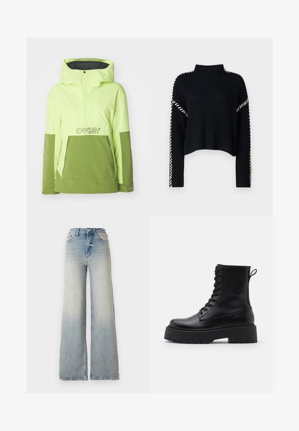 Šviesiai neoninė žalia ir alyvuogių žalia hibridinė striukė su kapišonu, priekinėmis kišenėmis ir Oakley logotipu ant krūtinės. Lygi tekstūra.; Vero Moda VMNEWCREAM FUNNELNECK PULLOVER - Džemperis - black/birch; Šviesiai mėlynus plačius džinsus, pagamintus iš džinsinio audinio, su aukštu liemeniu, penkiomis kišenėmis ir matomais siūlėmis.; Juodos odinės aulinukės su apvalia nosimi, raišteliais priekyje ir storesniu guminio pado apačioje su tekstūruotu raštu. Priekyje yra kilputė.