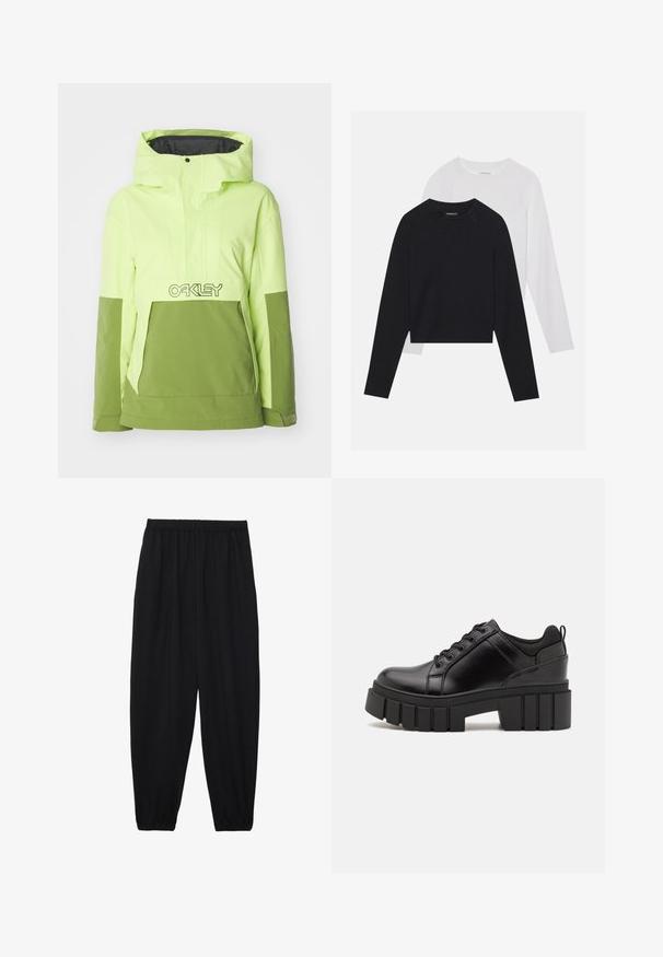 Bright neon green and olive green hybrid jacket, featuring a hood, front pocket, and an Oakley logo across the chest. Smooth texture.; Two long-sleeved shirts: one black and one white. Both feature a crew neck, raglan sleeves, and a soft cotton blend fabric.; Black, lightweight pants with an elastic waistband and gathered ankles. The fabric is smooth and features a relaxed, tapered design.; Black leather platform shoes with a chunky block heel, round toe, and traditional lace-up design. Features smooth texture and minimal detailing.
