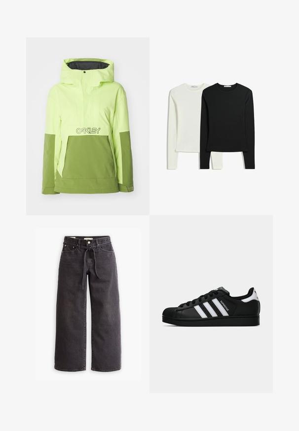Světlá neonově zelená a olivově zelená hybridní bunda, která má kapuci, přední kapsu a logo Oakley na hrudi. Hladký povrch.; Dvě košile s dlouhými rukávy: jedna bílá a jedna černá. Vyrobené z hladkého materiálu, s kulatými výstřihy a přiléhavými střihy se rovnými lemy.; Černé široké džíny z denimu, vybavené stahovacími šňůrkami v pase, pěti kapsami a kontrastním prošíváním. Design s plochým předním dílem.; Černé tenisky Adidas Superstar se bílými pruhy, špičkou ve tvaru skořápky a textem "Superstar" na boku, zobrazené v bočním profilu na bílém pozadí.