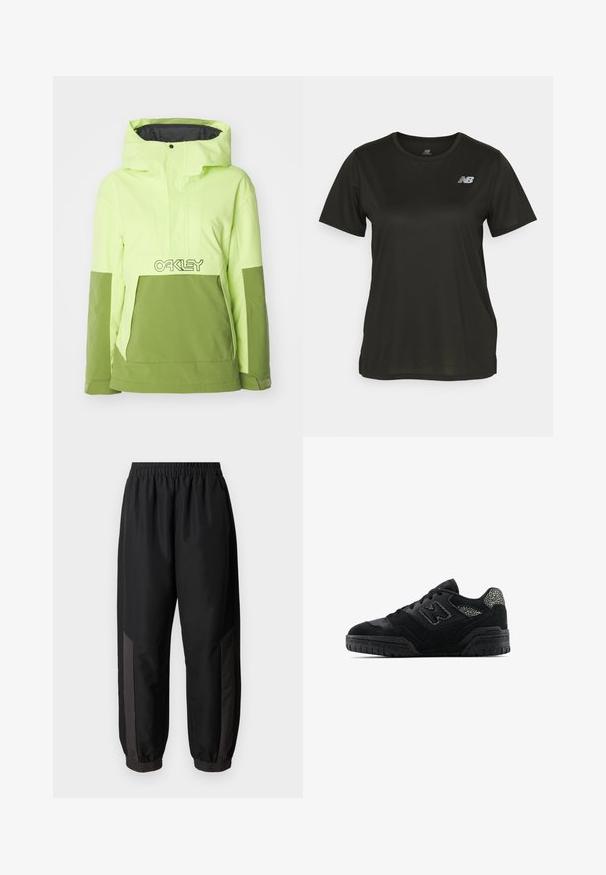 Kirkas neonvihreä ja oliivinvihreä hybriditakki, jossa on huppu, etutasku ja Oakley-logo rinnan kohdalla. Sileä pinta.; Mustat lyhythihaiset T-paidat, jotka on valmistettu sileästä kankaasta, jossa on pyöreä kaula-aukko ja heijastava valkoinen logo vasemmassa rinnassa.; Mustat urheiluhaalarit, jotka on valmistettu sileästä, kevyestä kankaasta. Ominaisuuksiin kuuluu joustava vyötärönauha, istuvat hihnat ja tummanharmaat sivupaneelit, joissa on logo.; Musta matalavartinen lenkkari, jossa on teksturoitu pohja, nauhakiinnitys, mokkapaneelit ja kuviolliset yksityiskohdat kantapäässä ja sivulogossa.