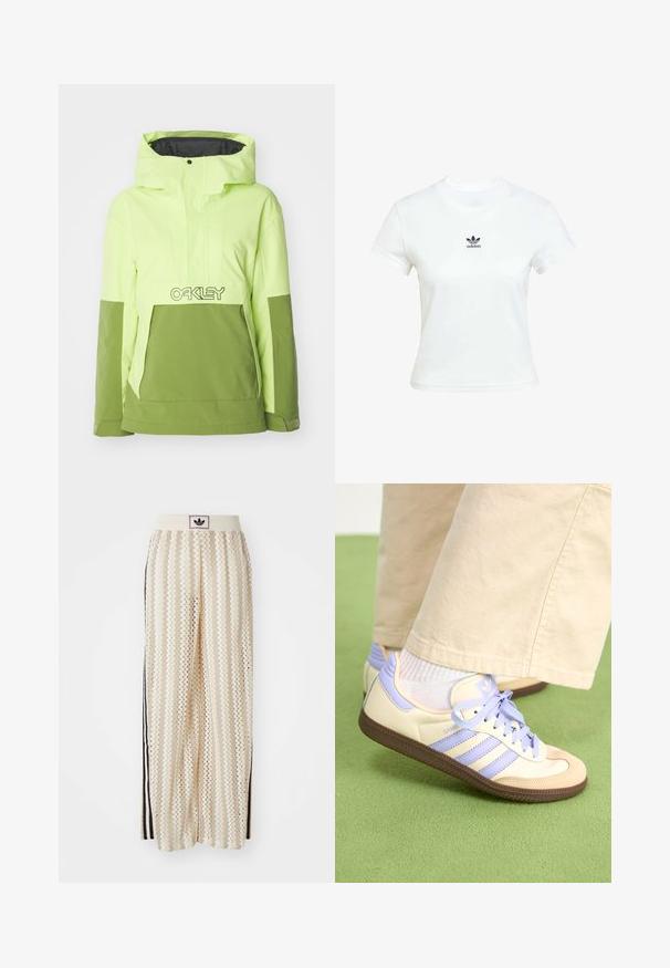 Bright neon green and olive green hybrid jacket, featuring a hood, front pocket, and an Oakley logo across the chest. Smooth texture.; White cotton t-shirt with short sleeves and a crew neckline. Features a black Adidas logo printed on the chest. Simple, minimal design.; Cream-colored wide-leg pants with a zigzag pattern, featuring a black logo waistband and side black stripes. Lightweight, textured fabric.; Cream and lavender sneakers with three stripes and a textured brown sole, featuring laces and a padded heel. Soft fabric upper.
