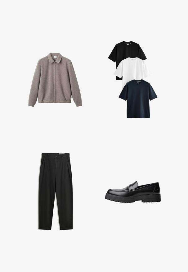 Siva jakna na zip s ovratnikom i bočnim džepovima, koja ima glatku teksturu i elastičan rub, izrađena od mekog tkanog materijala.; Tri kratka majica s kratkim rukavima složene: jedna crna, jedna bijela i jedna mornarsko plava. Izrađene od pamuka s okruglim izrezima i opuštenim krojem.; Crne pamučne hlače s opuštenim krojem, s klasičnim pojasom, prednjim nabranjima i bočnim džepovima. Glatka tekstura bez uzoraka.; Crna kožna mokasina s debelim potplatima i dekorativnom trakom preko gornjeg dijela, prikazana u lijevom bočnom profilu na bijeloj pozadini.