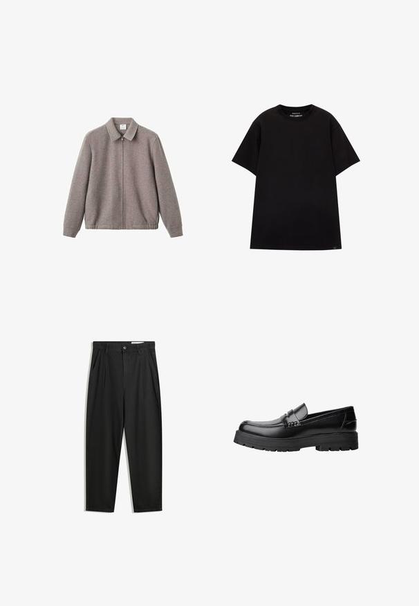 Siva jakna na zip z ovratnikom in stranskimi žepi, ki ima gladko teksturo in elastičen rob, narejena iz mehkega tkanine.; PULL&BEAR JOIN LIFE - Navadna majica - black; Črne bombažne hlače s sproščenim krojem, ki vključujejo klasičen pas, sprednje gube in stranske žepke. Gladka tekstura brez vzorcev.; Črne usnjene loafersice s debelim profiliranim podplatom in dekorativnim pasom čez zgornji del, prikazane v levem stranskem profilu na beli podlagi.