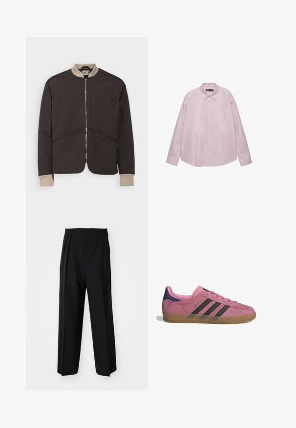 Pompeii PADDED JACKET - Jachetă subțire - coffee; Cămașă roz deschis cu dungi verticale albastre, cu guler, mâneci lungi și croială lejeră. Fabricată dintr-o țesătură netedă, cu un ușor luciu.; Pantaloni negri plisat cu un design drept și pantaloni largi. Construiți dintr-un material neted, prevăzuți cu închidere cu nasture și bucle pentru curea.; Tenisi roz din suede cu dungi negre, talpă din cauciuc și toc texturat violet. Prezintă un design cu șireturi și un logo embosat pe lateral.