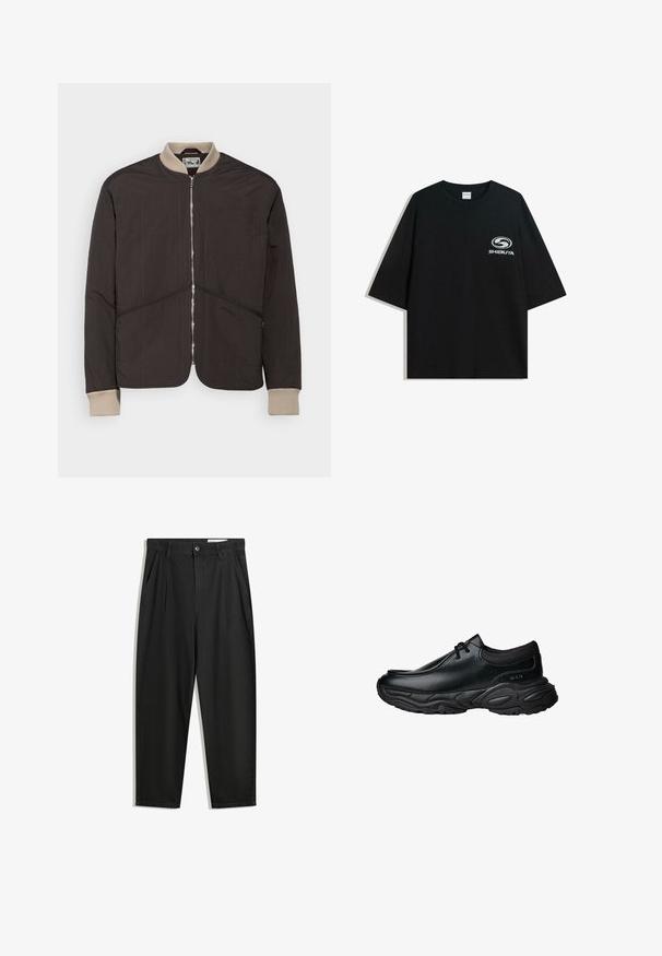 Pompeii PADDED JACKET - Könnyű dzseki - coffee; Fekete, oversized pamut póló kerek nyakkal és rövid ujjakkal, az elején fehér "Shibuya" logóval.; Fekete pamut nadrág laza szabással, klasszikus derékrésszel, elülső hajtásokkal és oldalsó zsebekkel. Simább textúra minta nélkül.; Fekete bőr slip-on cipők lekerekített orral és vastag, texturált gumitalppal. Finom varrásokkal és elasztikus részletekkel rendelkezik a nyaknál.