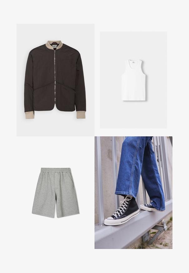 Pompeii PADDED JACKET - Lahka jakna - coffee; Bela bombažna majica brez rokavov z okroglo izrezom, širokimi naramnicami in ravnim robom, ki se ponaša z gladko teksturo in brez vidnih vzorcev.; Sive kratke hlače iz bombaža z elastičnim pasom, ki imajo stranske žepke in sproščen kroj. Gladka tekstura in dolžina do kolen.; Črne visoke teniske z belim podplatom in vezalkami, v kombinaciji z ohlapnimi modrimi džinsom, naslonjene na sivo ograjo.