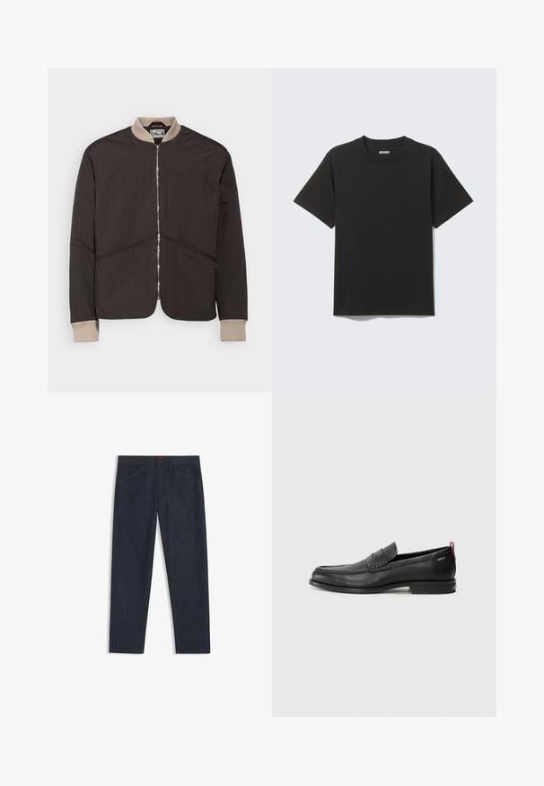 Pompeii PADDED JACKET - Välikausitakki - coffee; Musta lyhythihainen T-paita, joka on valmistettu pehmeästä puuvillasta. Siinä on pyöreä kaula-aukko ja yksinkertainen muotoilu ilman kuvioita tai koristeita.; Tummansiniset farkut suoran lahkeen muotoilulla, viisi taskua, huomaamaton ommel ja punainen tuotetunnus vyötäröllä.; Musta nahkakengät, joissa on teksturoitu etupaneeli ja sileät sivut. Varustettu kapealla kantapäillä ja takasilmukalla helppoa pukemista varten. Klassinen muotoilu.