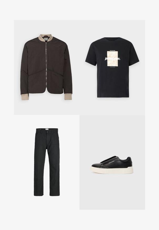 Pompeii PADDED JACKET - Lengva striukė - coffee; Juodas medvilninis marškinėliai su apvaliu kaklu. Ant priekinės pusės yra smėlio spalvos stačiakampis grafikas ir baltas tekstas "JAWO", centrinėje dalyje. Trumpi rankoviai.; Juodi kelniai, pagaminti iš tvirto audinio, su tiesiomis kojomis, siuvinėtomis detalėmis ir dviem priekinėmis kišenėmis funkcionalumui.; Juodi slip-on sportbačiai su tekstūruota odos viršutine dalimi, balta gumine padai ir be matomų raištelių. Šone yra prekės ženklo logotipas.