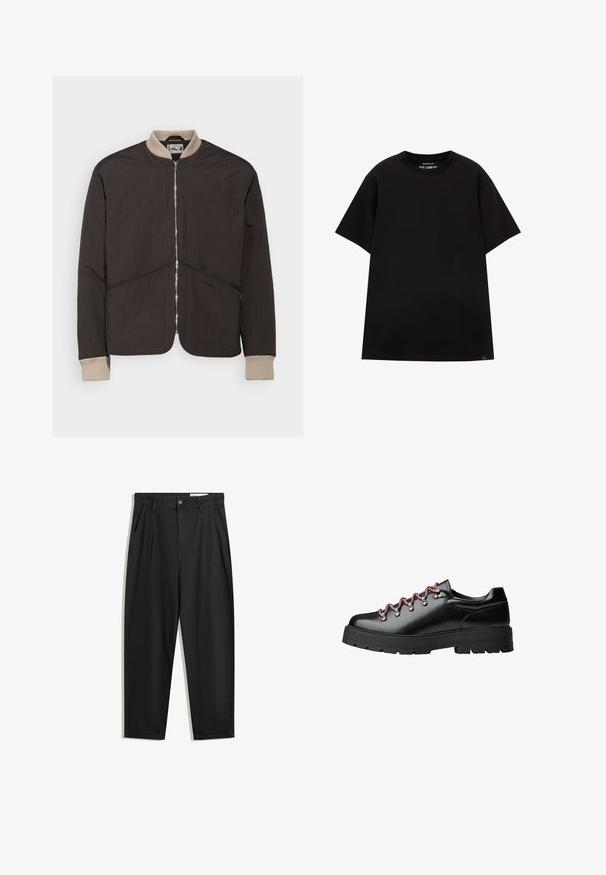 Pompeii PADDED JACKET - Könnyű dzseki - coffee; PULL&BEAR JOIN LIFE - Basic póló - black; Fekete pamut nadrág laza szabással, klasszikus derékrésszel, elülső hajtásokkal és oldalsó zsebekkel. Simább textúra minta nélkül.; Fekete bőrből készült túracipő, piros és fehér cipőfűzőkkel, nagy fűzőlyukakkal és masszív barázdált talppal a tapadásért és stabilitásért.