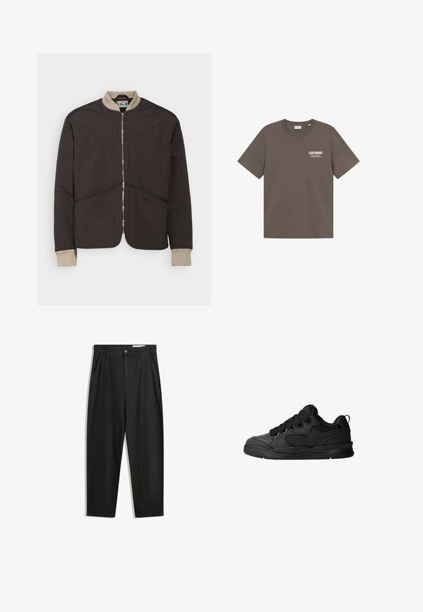 Pompeii PADDED JACKET - Light jacket - coffee; Brown cotton t-shirt with a crew neck, short sleeves, and a small white logo graphic on the left chest. Smooth texture, casual fit.; Black cotton trousers with a relaxed fit, featuring a classic waistband, front pleats, and side pockets. Smooth texture without patterns.; Black sneakers with a textured upper, featuring laces, mesh accents for breathability, padded collar, and a sturdy outsole.